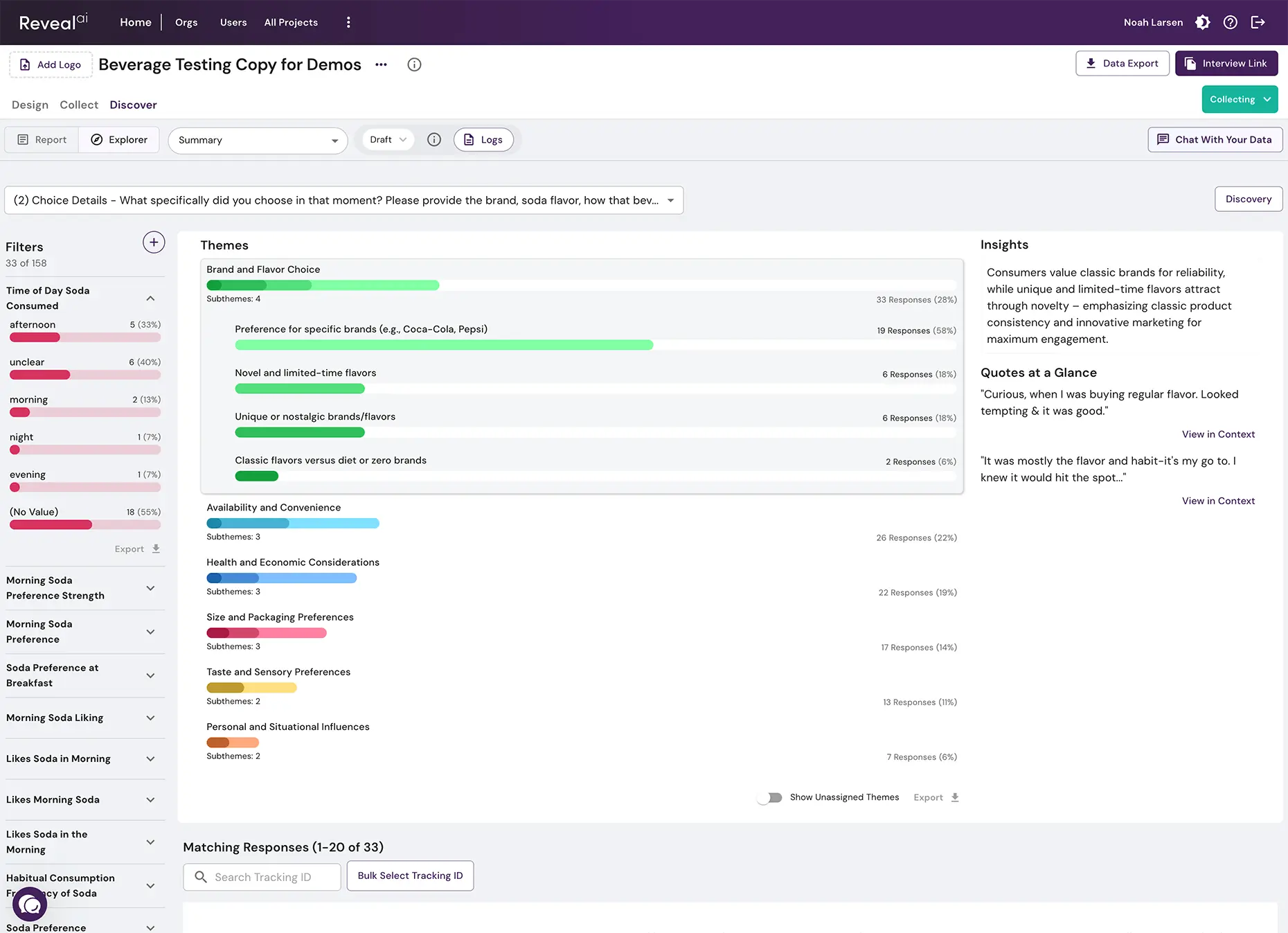Discover themes view with response distributions and quotes panel